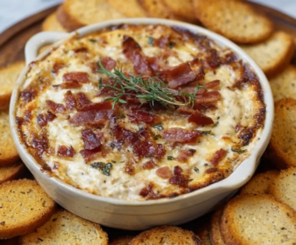 Creamy caramelized onion and crispy bacon dip served in a bowl, perfect for parties.
