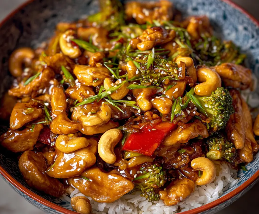 Delicious cashew chicken stir-fry served with fresh vegetables and glossy sauce
