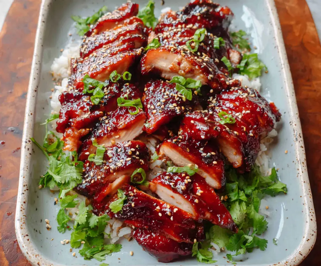 Delicious Char Siu Chicken with glossy red marinade and tender meat on a plate.