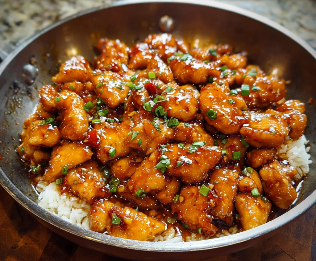 Delicious Chinese Honey Garlic Chicken served with steamed rice and fresh vegetables.