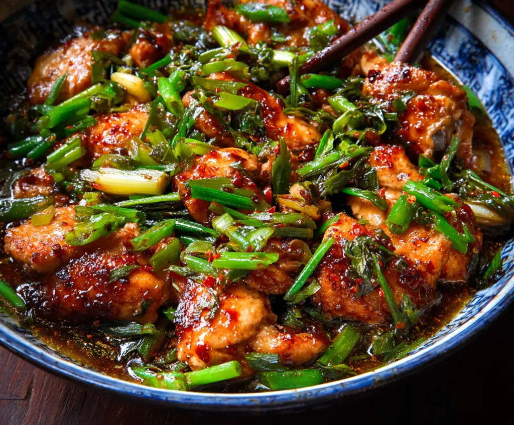 Delicious Chinese scallion chicken served on a plate with fresh scallions and herbs.