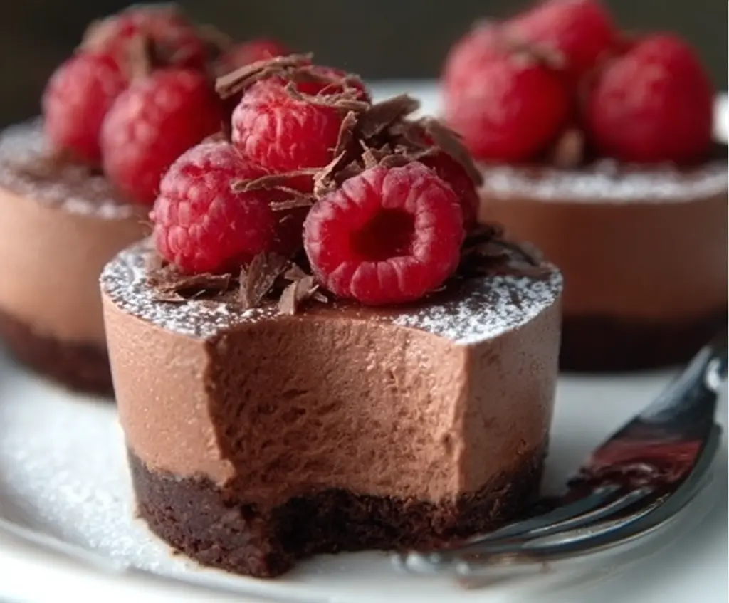 Delicious chocolate raspberry mousse cups garnished with fresh raspberries and chocolate shavings.