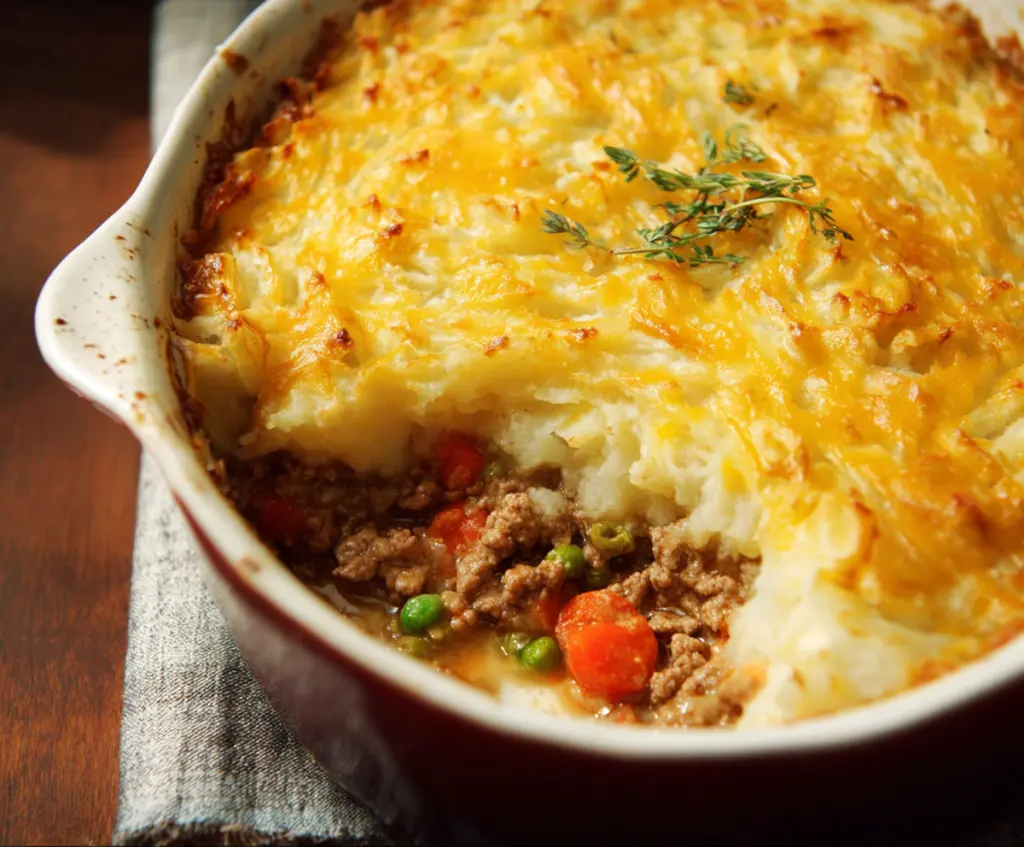 Delicious classic shepherd's pie with mashed potato topping and savory ground meat filling.