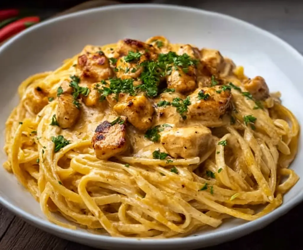 Creamy Cowboy Butter Chicken Pasta served with grilled vegetables and fresh herbs.