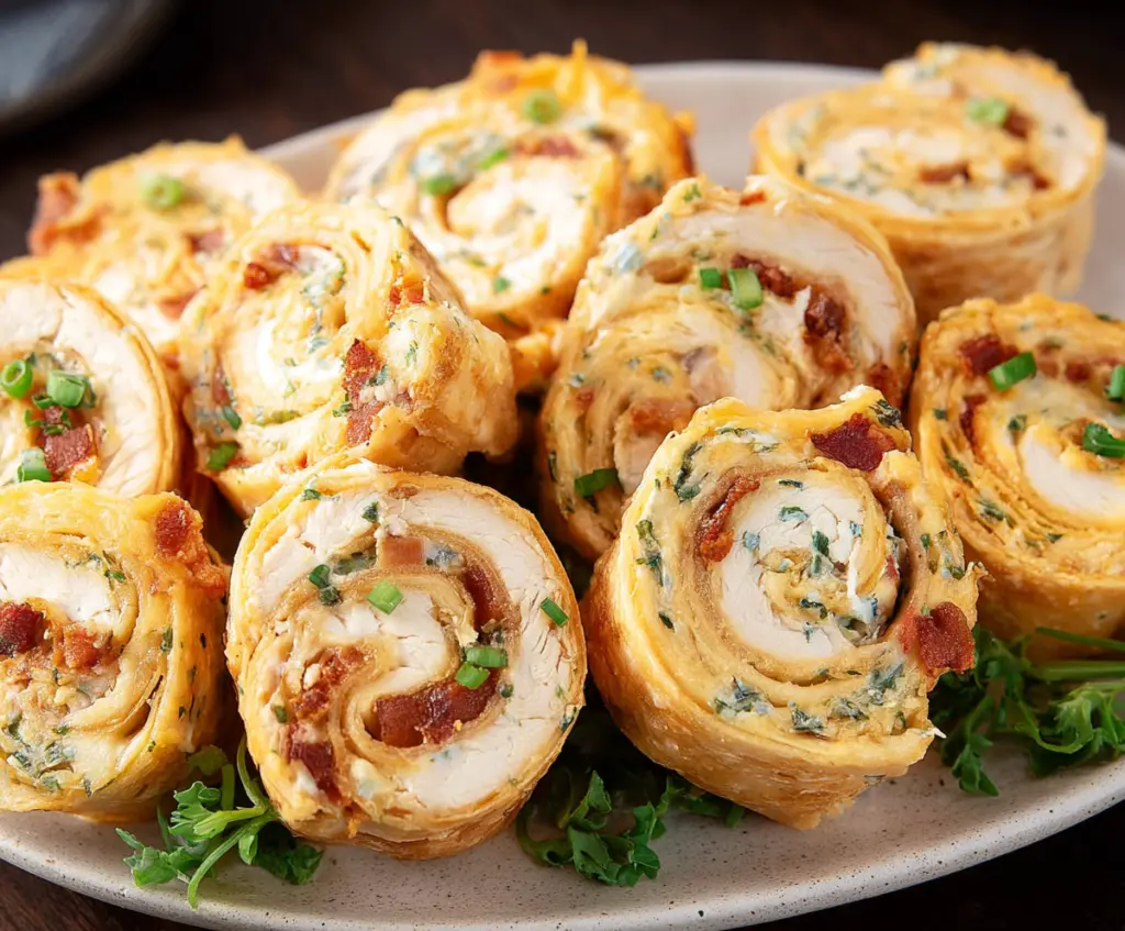 Delicious Crack Chicken Pinwheels garnished with herbs on a wooden platter