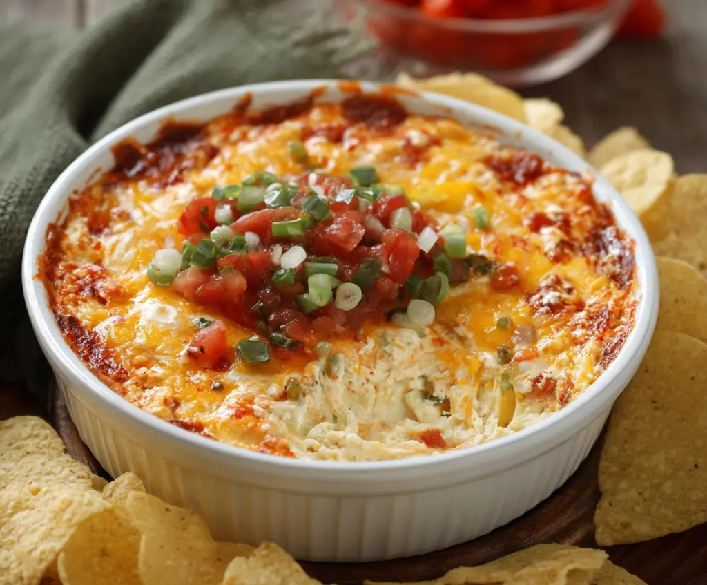 Cream Cheese Salsa Dip served with tortilla chips, perfect for parties and snack time.