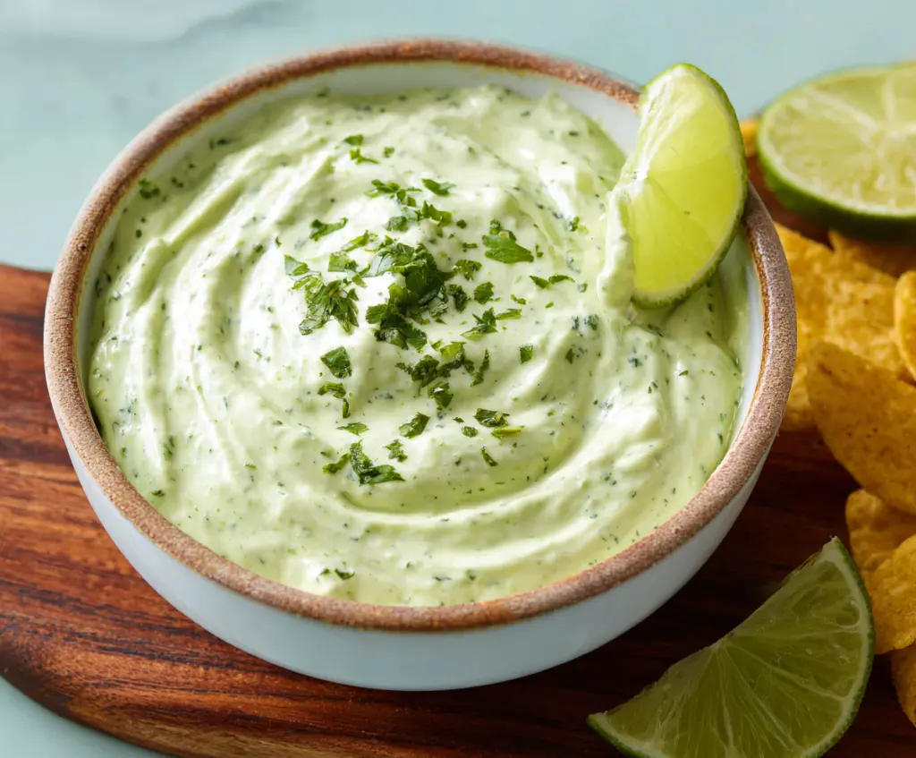 Creamy avocado cilantro lime dip served in a bowl with fresh herbs, perfect for healthy snacking and party dips.