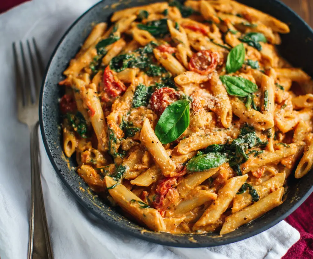 Creamy tomato spinach pasta served in a bowl, showcasing fresh spinach and vibrant red sauce.