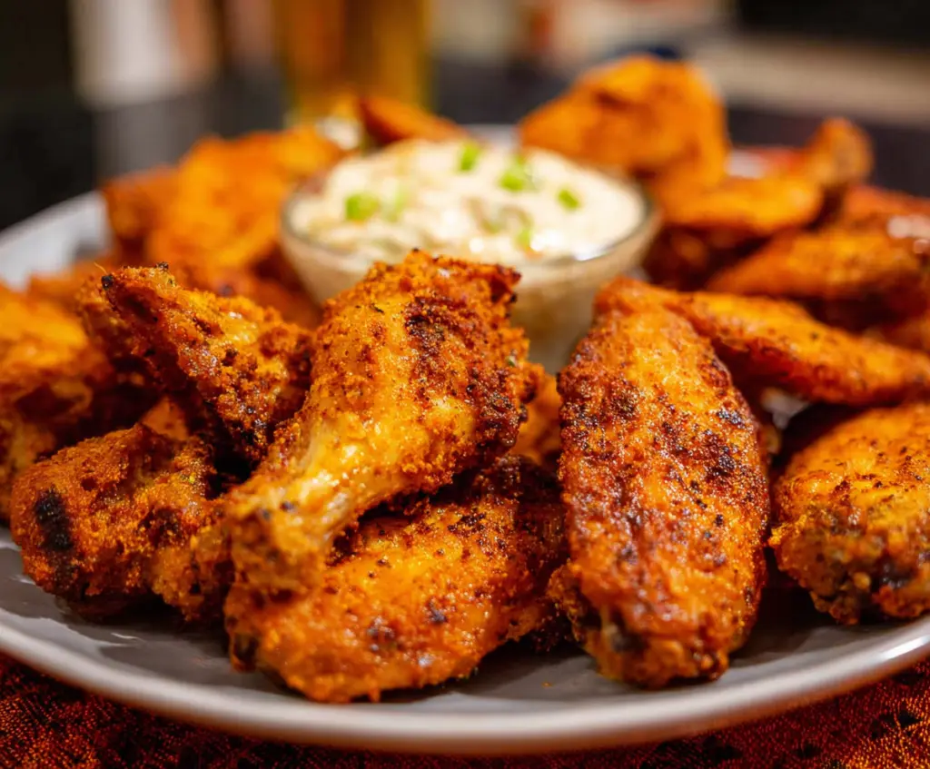 Golden crispy baked chicken wings served with dipping sauce on a white plate.