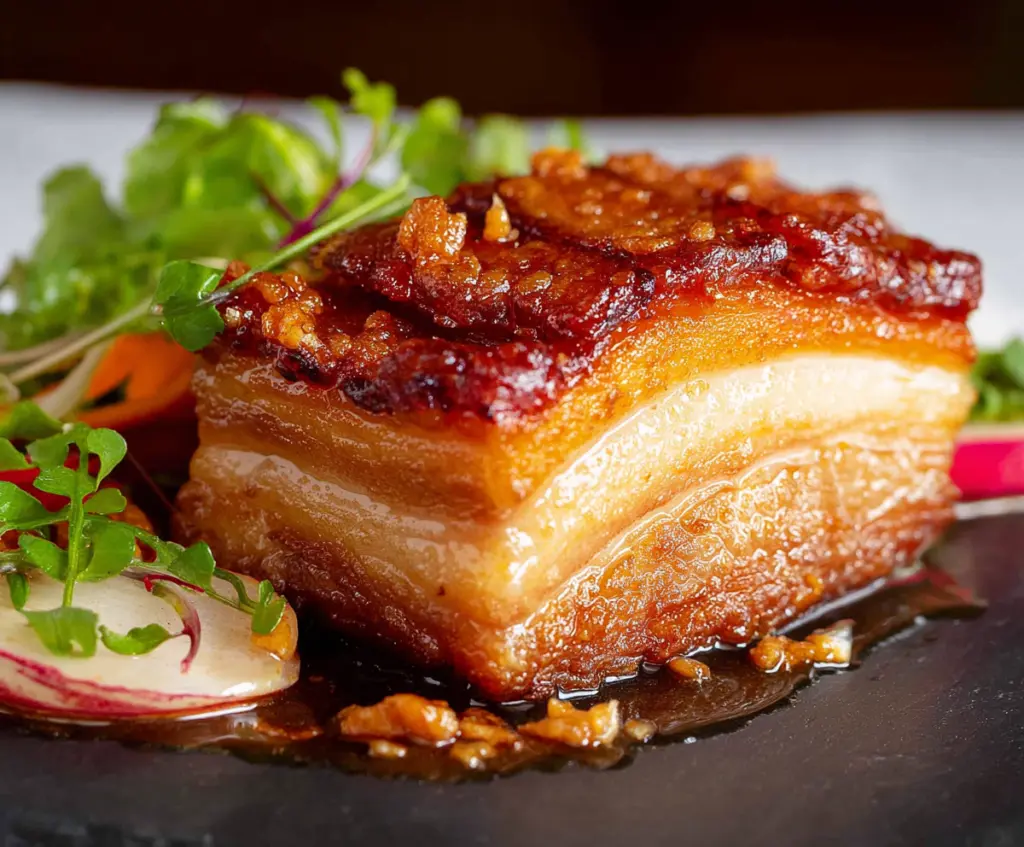 Crispy pork belly with golden, crunchy skin served with fresh herbs.