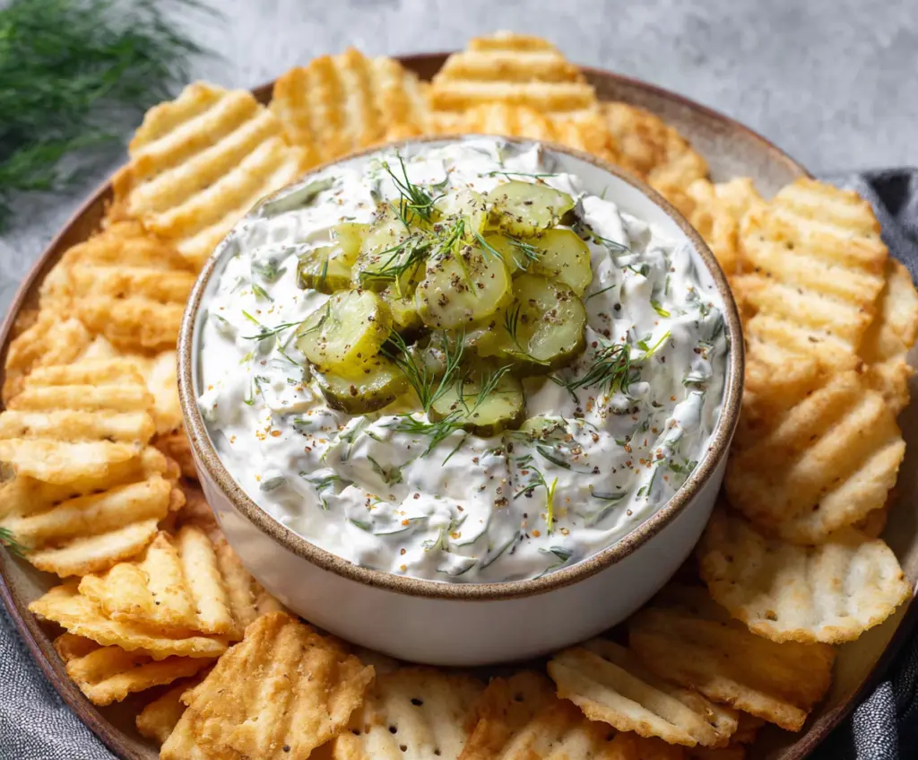 Creamy dill pickle dip served in a bowl, perfect for snacking or parties.