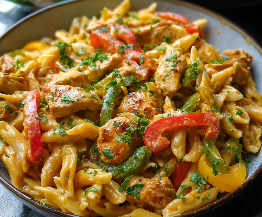 Delicious Fajita Chicken Pasta with colorful bell peppers and melted cheese on a plate