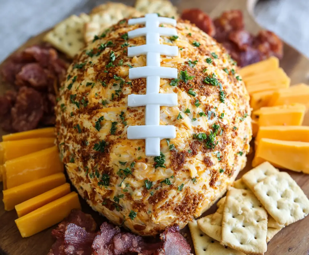 Delicious football-shaped cheese ball perfect for game day snacks