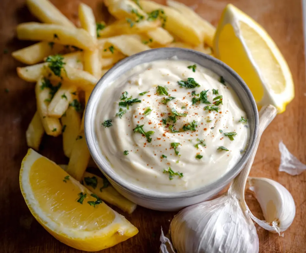 Creamy garlic aioli sauce in a bowl, perfect for sandwiches and fries.