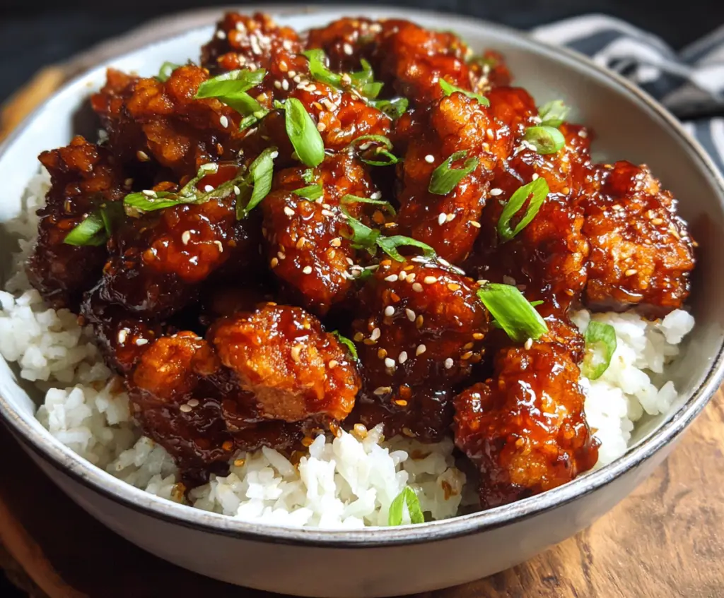 Delicious crispy General Tso's Chicken served with steamed rice and broccoli on a vibrant plate.