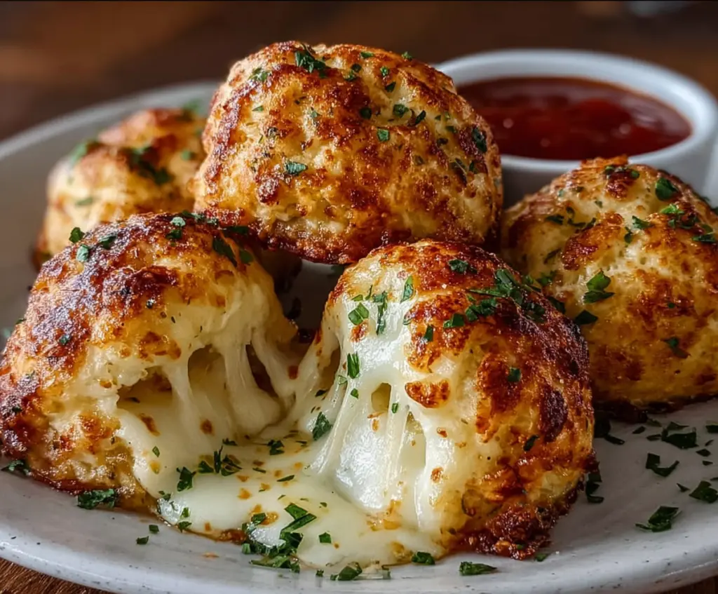 Delicious Gooey Mozzarella Biscuit Bombs with melted cheese and golden crust on a plate.