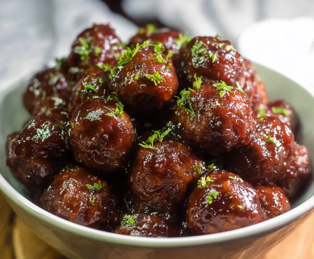 Delicious grape jelly meatballs served on a platter ready for snacking or entertaining.