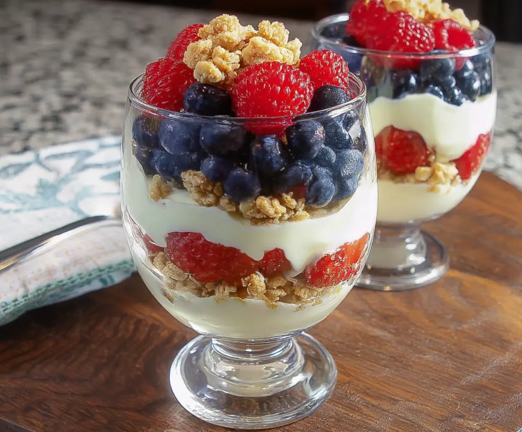 Layered Greek yogurt berry parfait with fresh strawberries blueberries and granola in a glass bowl.
