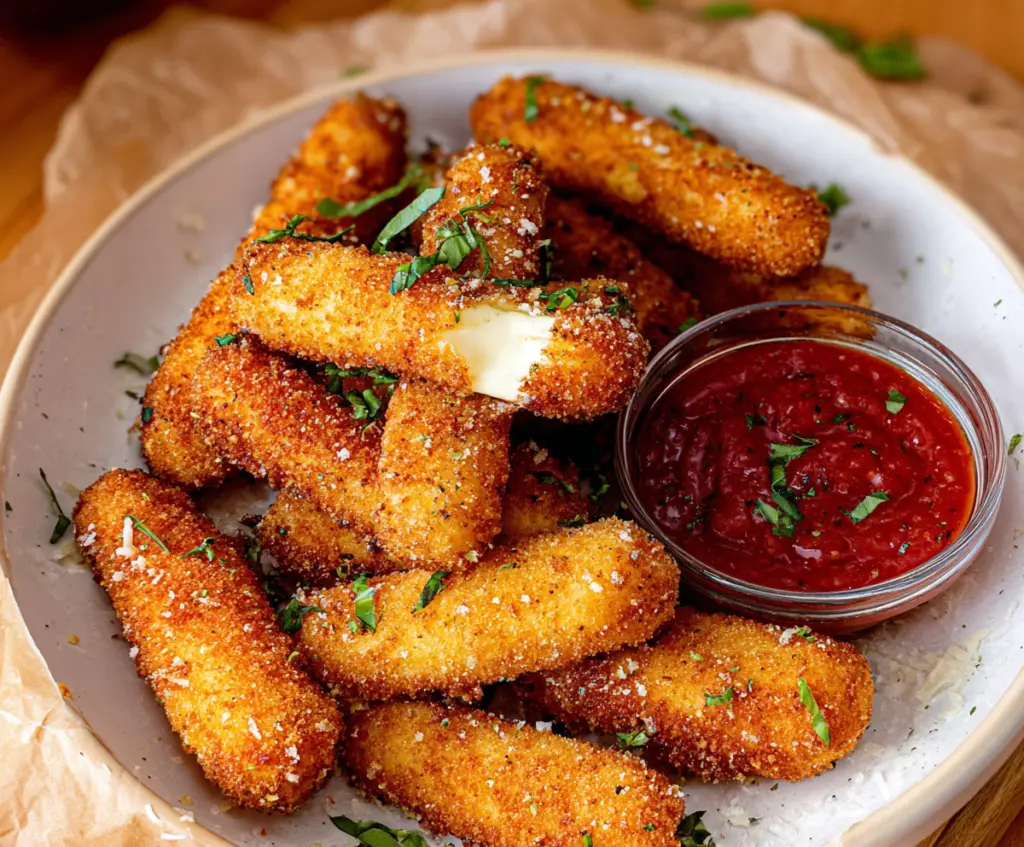 Crispy homemade mozzarella sticks with gooey cheese inside, served on a white plate.