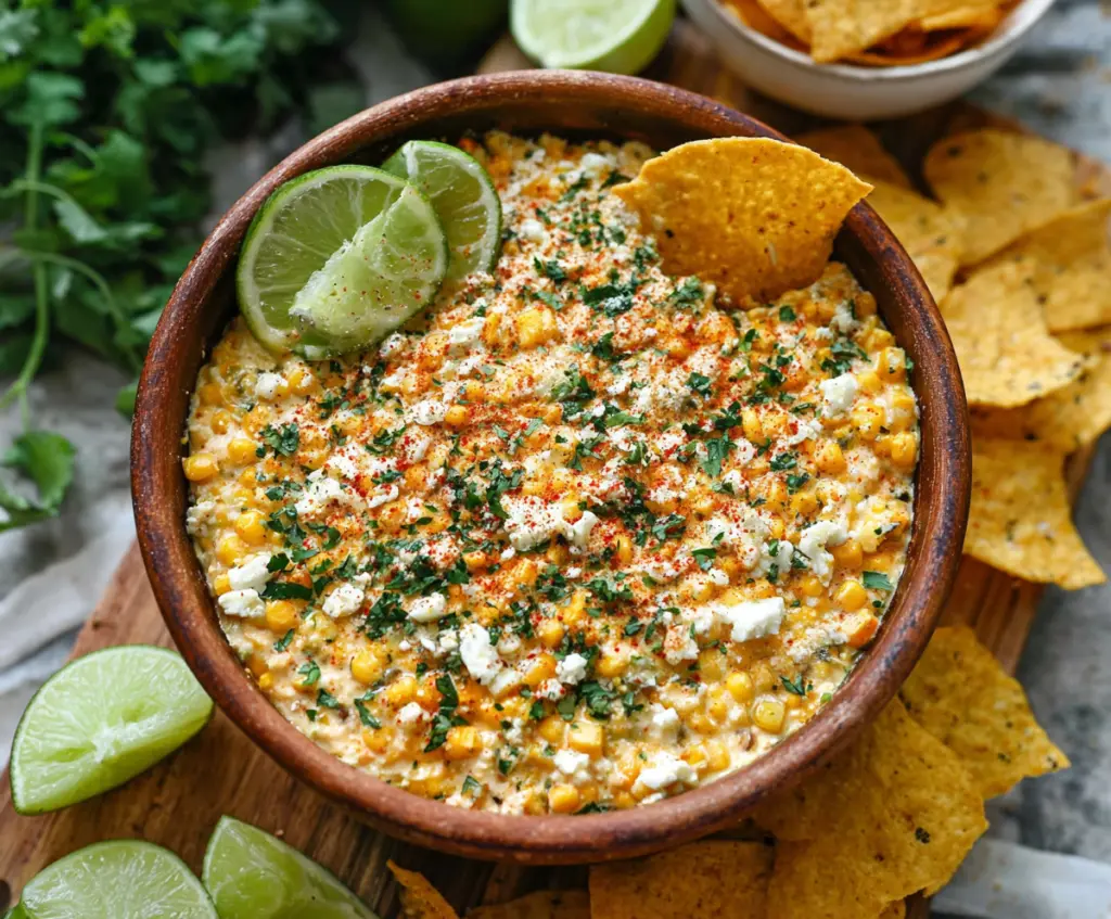 Creamy Mexican Street Corn Dip topped with cheese, cilantro, and chili powder in a bowl.