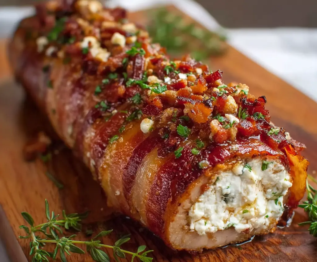 Million Dollar Bacon Goat Cheese Appetizer Log served on a platter, featuring crispy bacon and creamy goat cheese slices.