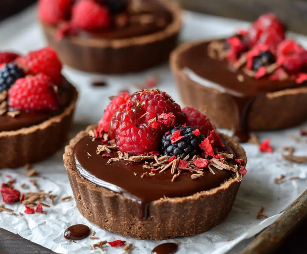 Delicious mini chocolate tarts topped with rich ganache, perfect for dessert parties.