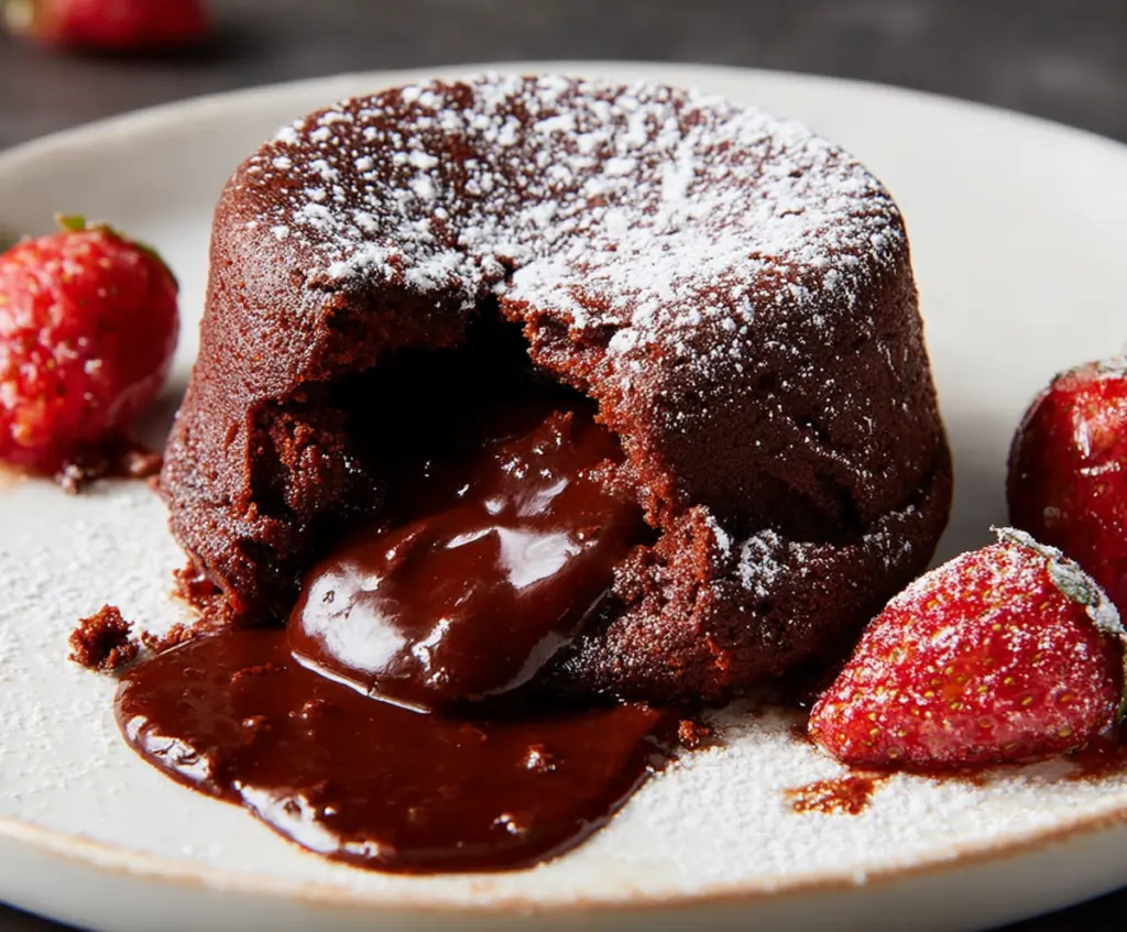 Decadent molten chocolate lava cake with a gooey center, perfect for dessert lovers.