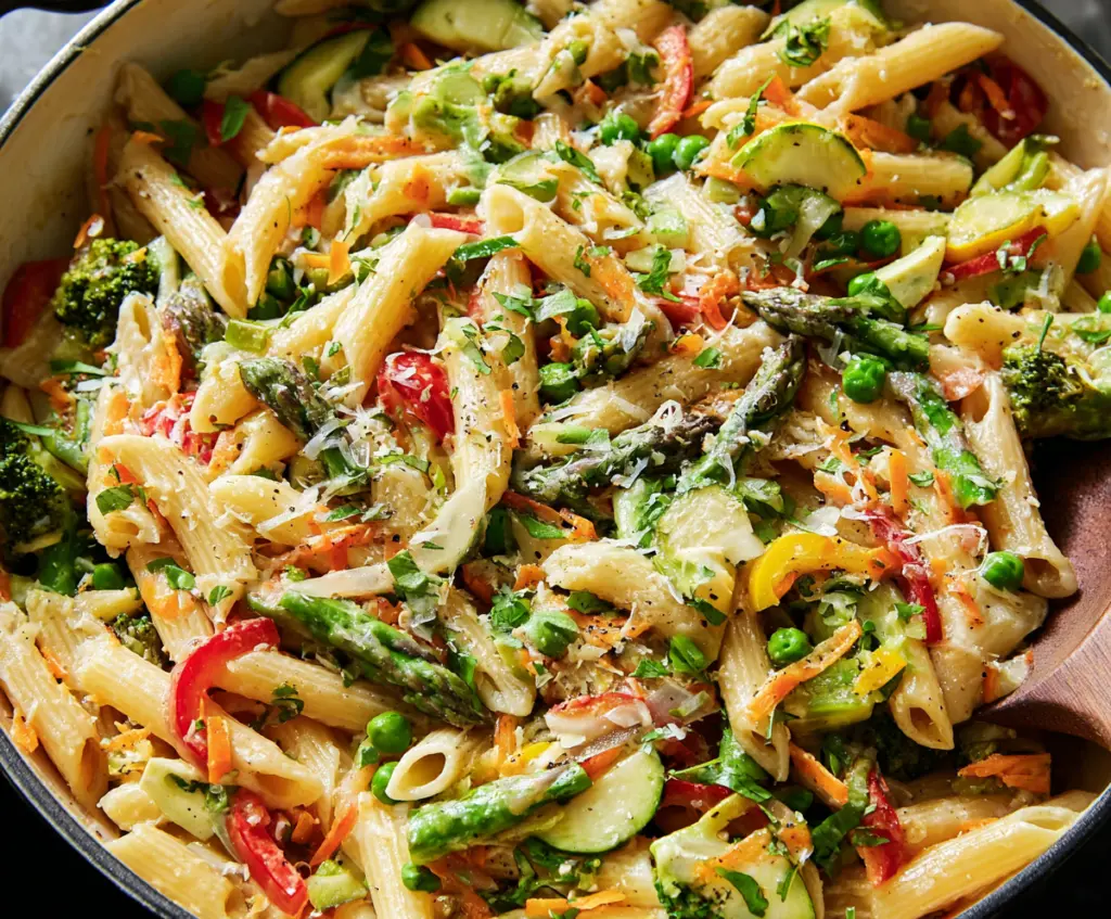 Colorful Pasta Primavera with fresh vegetables and herbs on a white plate