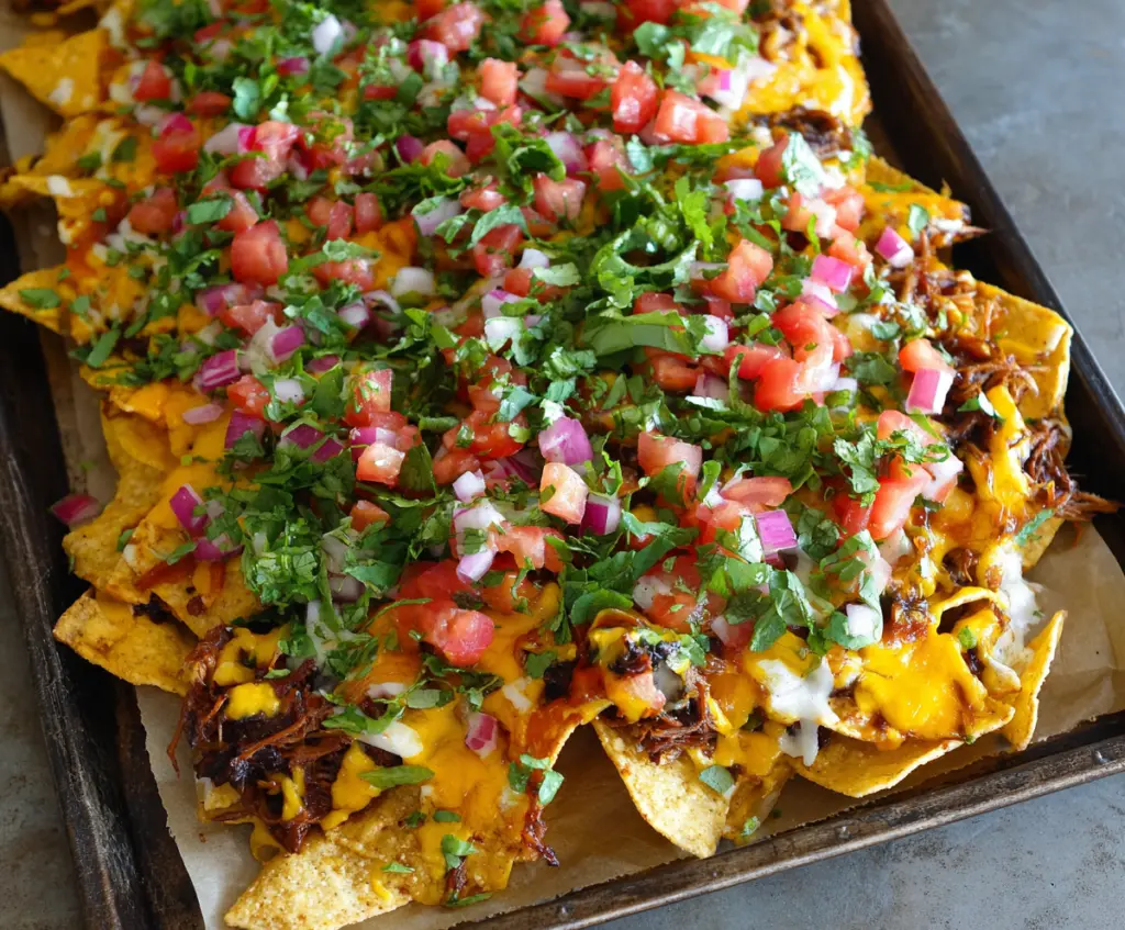 Delicious pulled pork nachos topped with melted cheese, jalapenos, and fresh cilantro ready to be served as a savory snack or meal.
