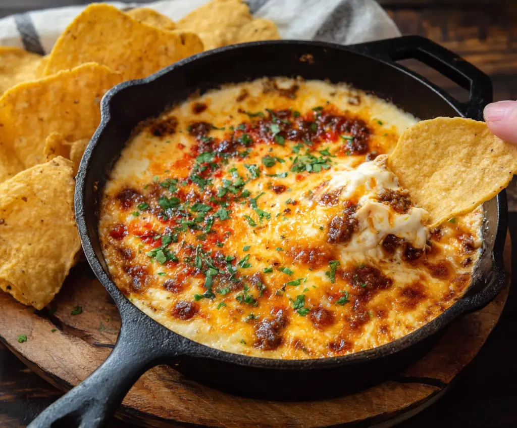 Creamy Queso Flameado Dip topped with melted cheese and jalapeños, perfect for party snacks.