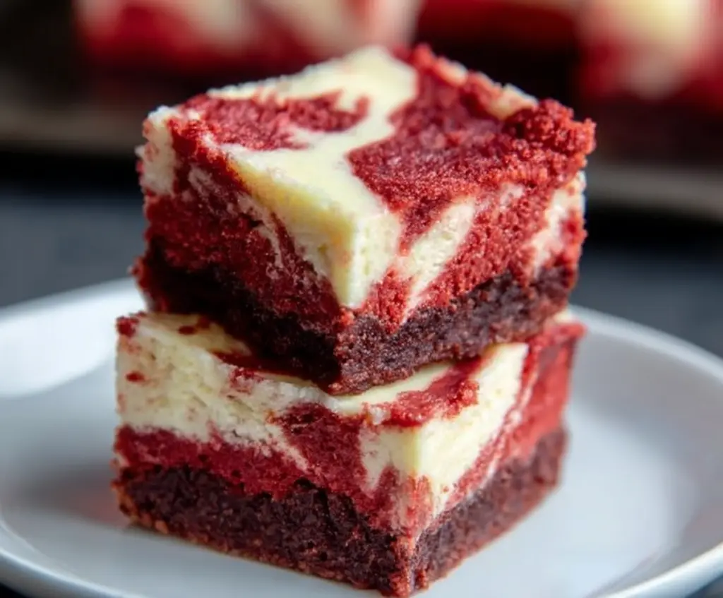 Delicious Red Velvet Cheesecake Bars with creamy topping and vibrant red color for dessert lovers.