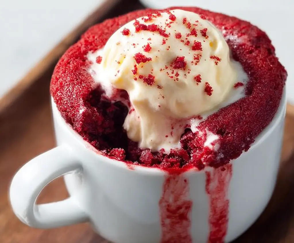 Delicious red velvet mug cake topped with cream cheese frosting in a cozy kitchen setting