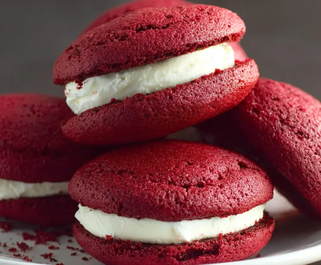Delicious red velvet whoopie pies with creamy filling on a decorative plate