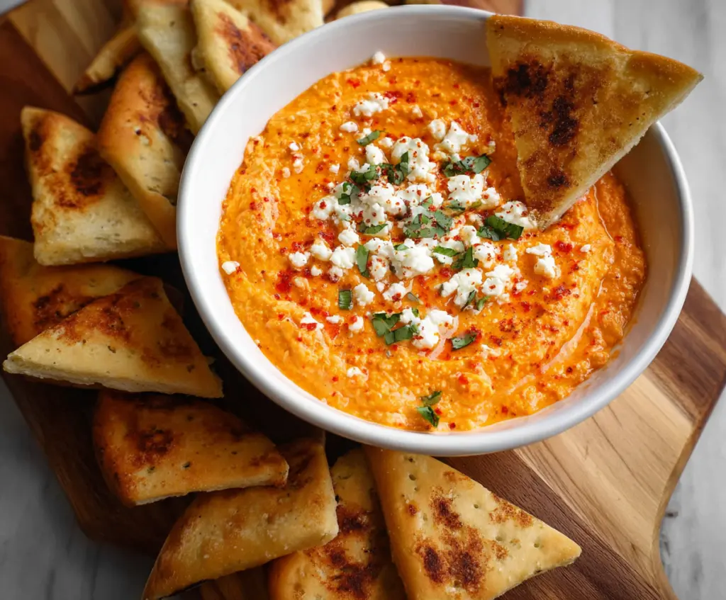 Creamy roasted red pepper and feta dip served with fresh vegetables and pita bread.