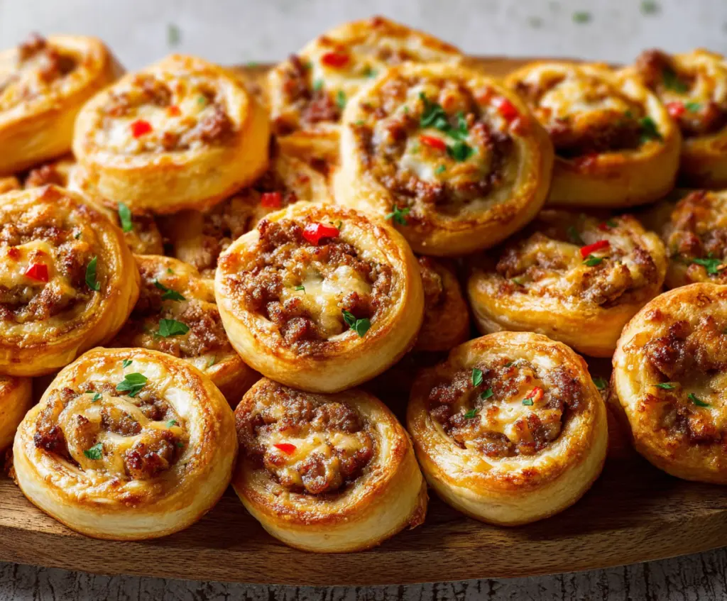 Delicious sausage pinwheels appetizer featuring savory rolled pastry with sausage filling.