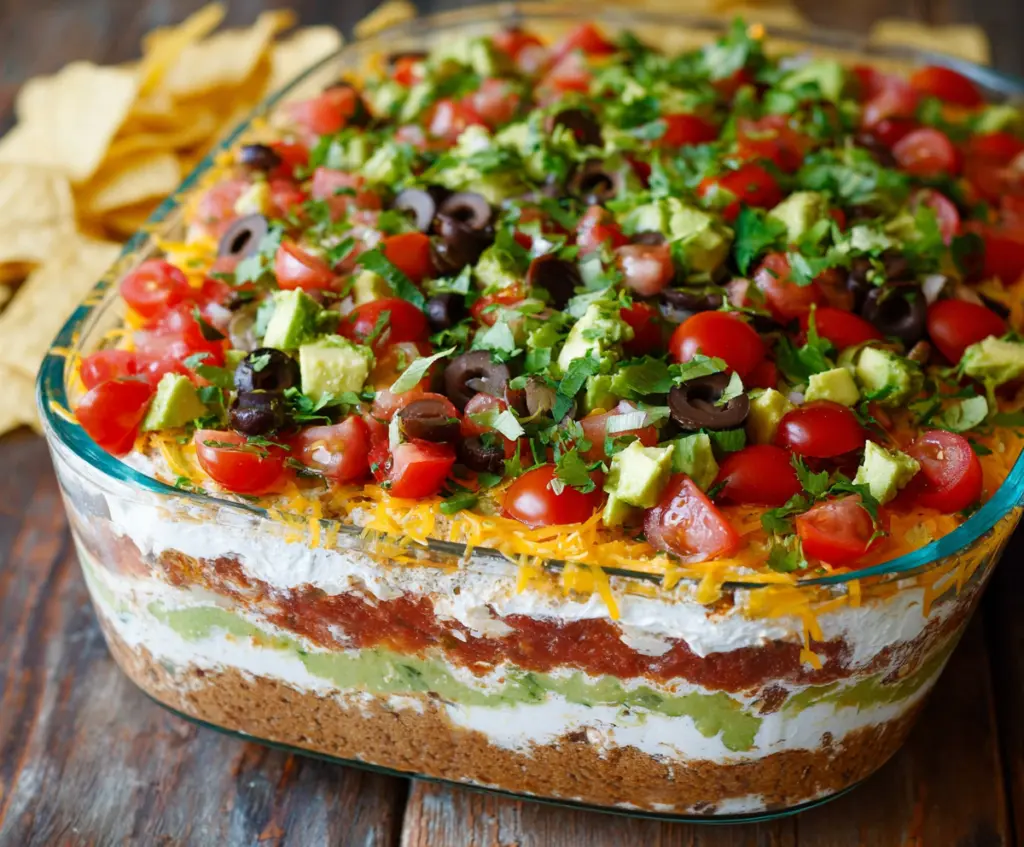 Layered seven-layer dip with colorful ingredients including beans, cheese, guacamole, and salsa in a serving dish.