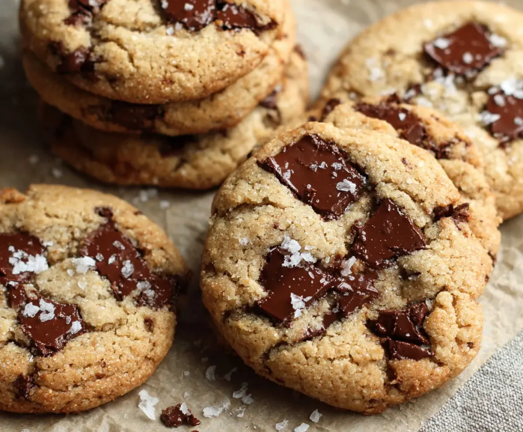 Delicious homemade sourdough discard chocolate chip cookies on a rustic wooden surface.