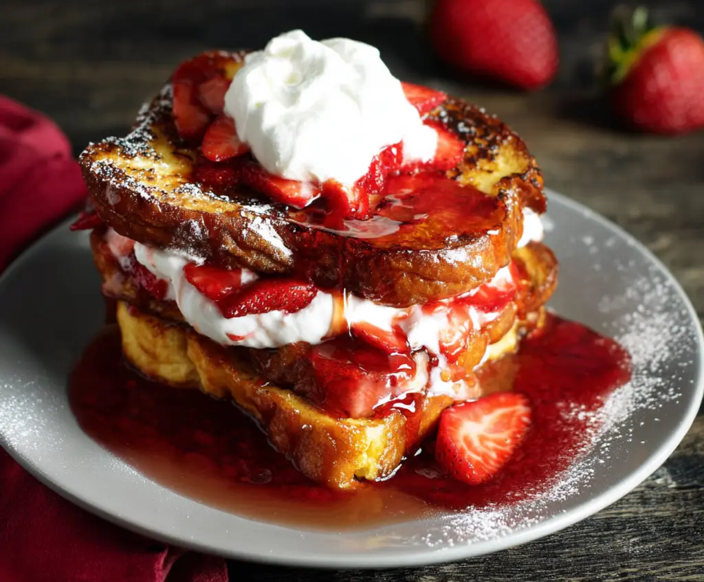 Delicious strawberries and cream French toast topped with fresh strawberries and whipped cream, served on a plate.