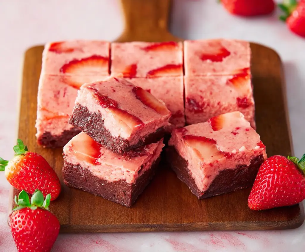 Delicious homemade strawberry brownies with fresh strawberries and rich chocolate layers.