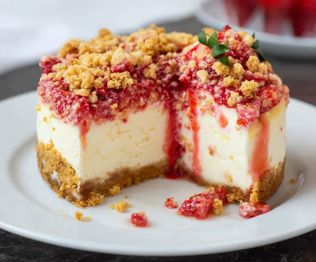 Delicious Strawberry Crunch Cheesecake with fresh strawberries and crunchy topping