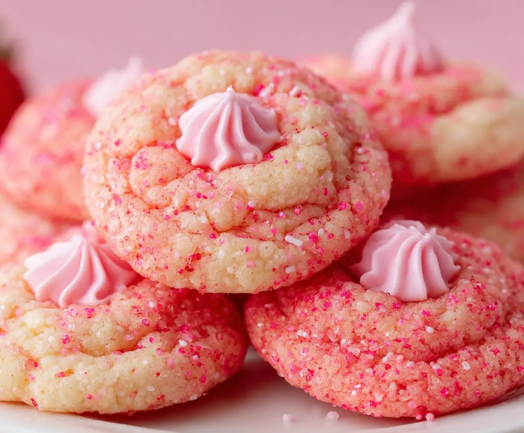 Delicious Strawberry Kiss Cookies with fresh strawberries and sweet frosting on a decorative plate.