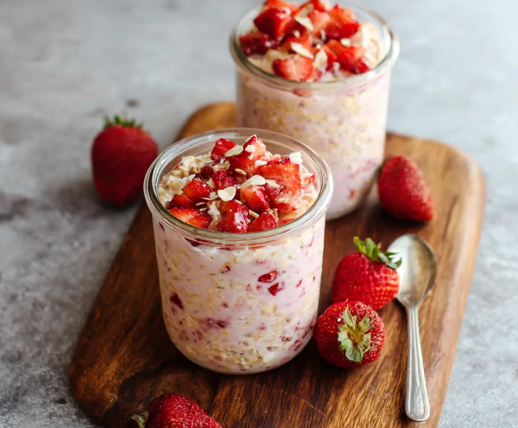Healthy strawberry overnight oats in a glass jar topped with fresh strawberries and chia seeds.