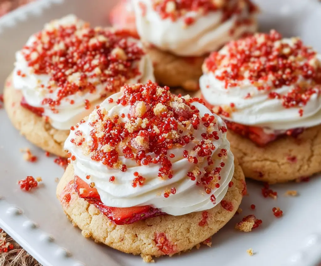 Delicious strawberry shortcake cookies with fresh strawberries and fluffy cream on a white plate