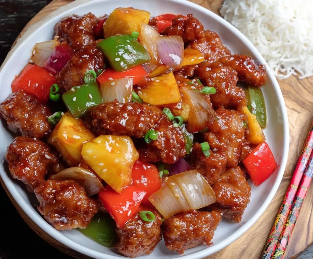 Delicious sweet and sour pork served with colorful vegetables on a white plate.