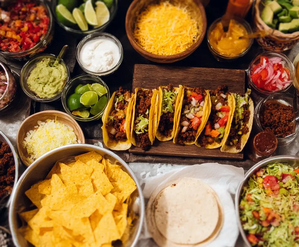 Colorful taco bar spread featuring tortillas, seasoned meats, fresh vegetables, and toppings for a delicious Mexican meal.