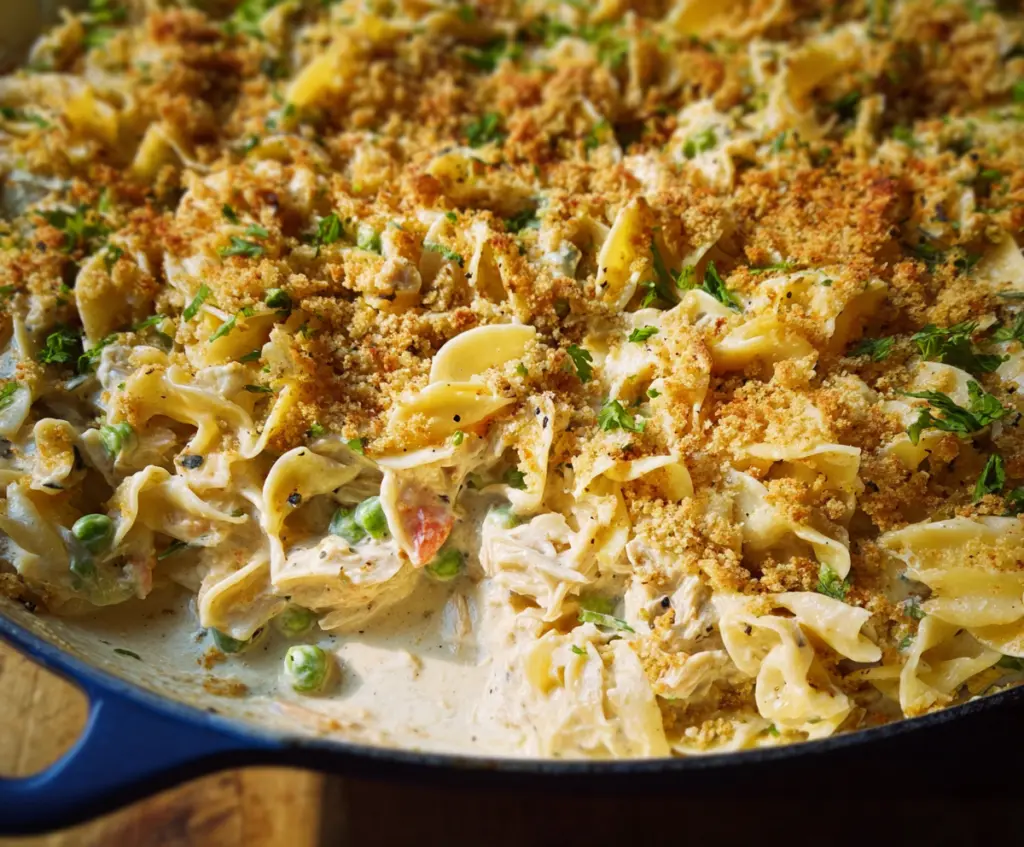 Delicious Tuna Noodle Casserole topped with golden breadcrumbs and fresh herbs.