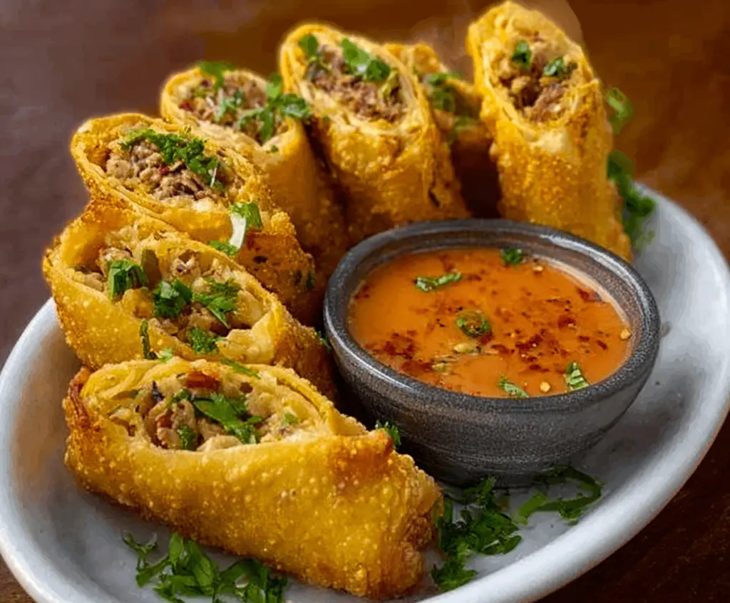 Delicious Voodoo Egg Rolls with spicy dipping sauce on a plate
