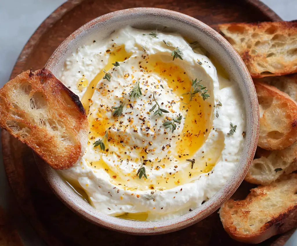 Creamy whipped ricotta dip drizzled with honey, served as a delicious appetizer or snack.