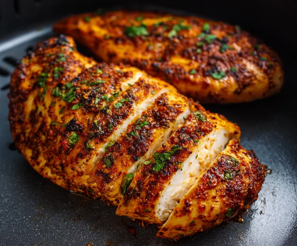 Juicy and tender air fryer chicken breast served on a plate with herbs.