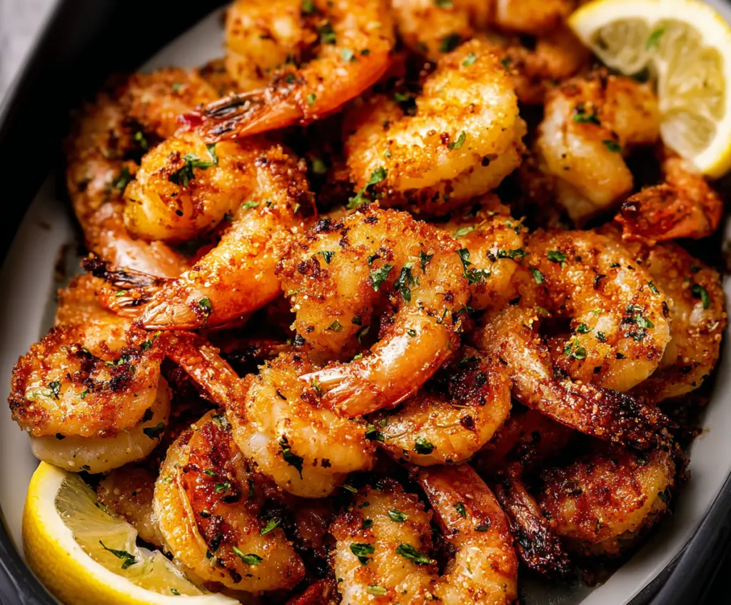Crispy air fryer shrimp served on a white plate with lemon wedges.